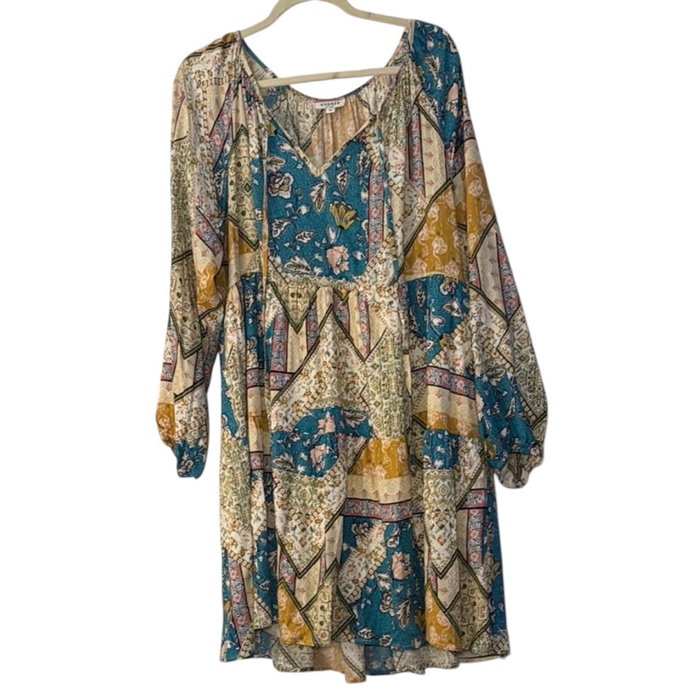Bohemian Patchwork Dress in Blue and Yellow 1X - Picture 2 of 13